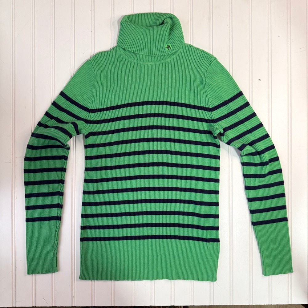 Vintage Ralph Lauren Green Ribbed Turtleneck Sweater 90s Cotton Knit Size M